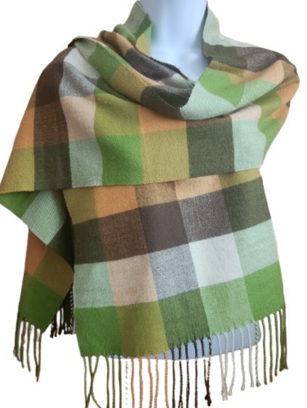 Plaid Green & Cream Women's Wrap Scarf Italy Design Cashmere/ Viscose